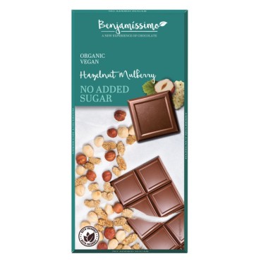Vegan čokoláda Lískový oříšek a moruše bez cukru BIO 70g